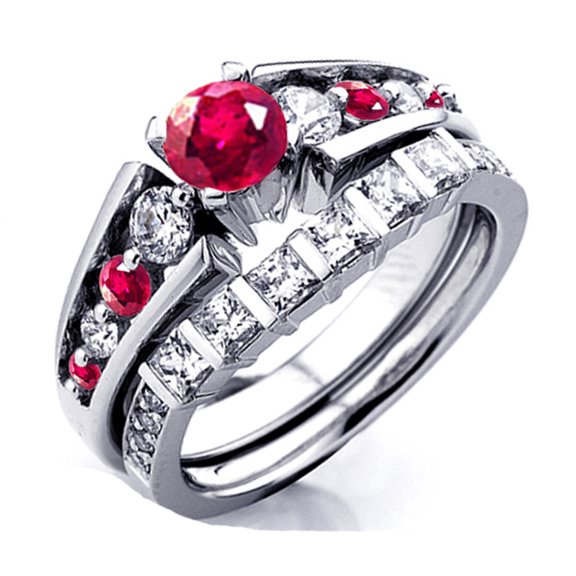 Dazzlingrock Collection 14K Princess & Round White Diamond And Ruby Ladies Bridal Ring Set Engagement Set, White Gold, Size 7.5