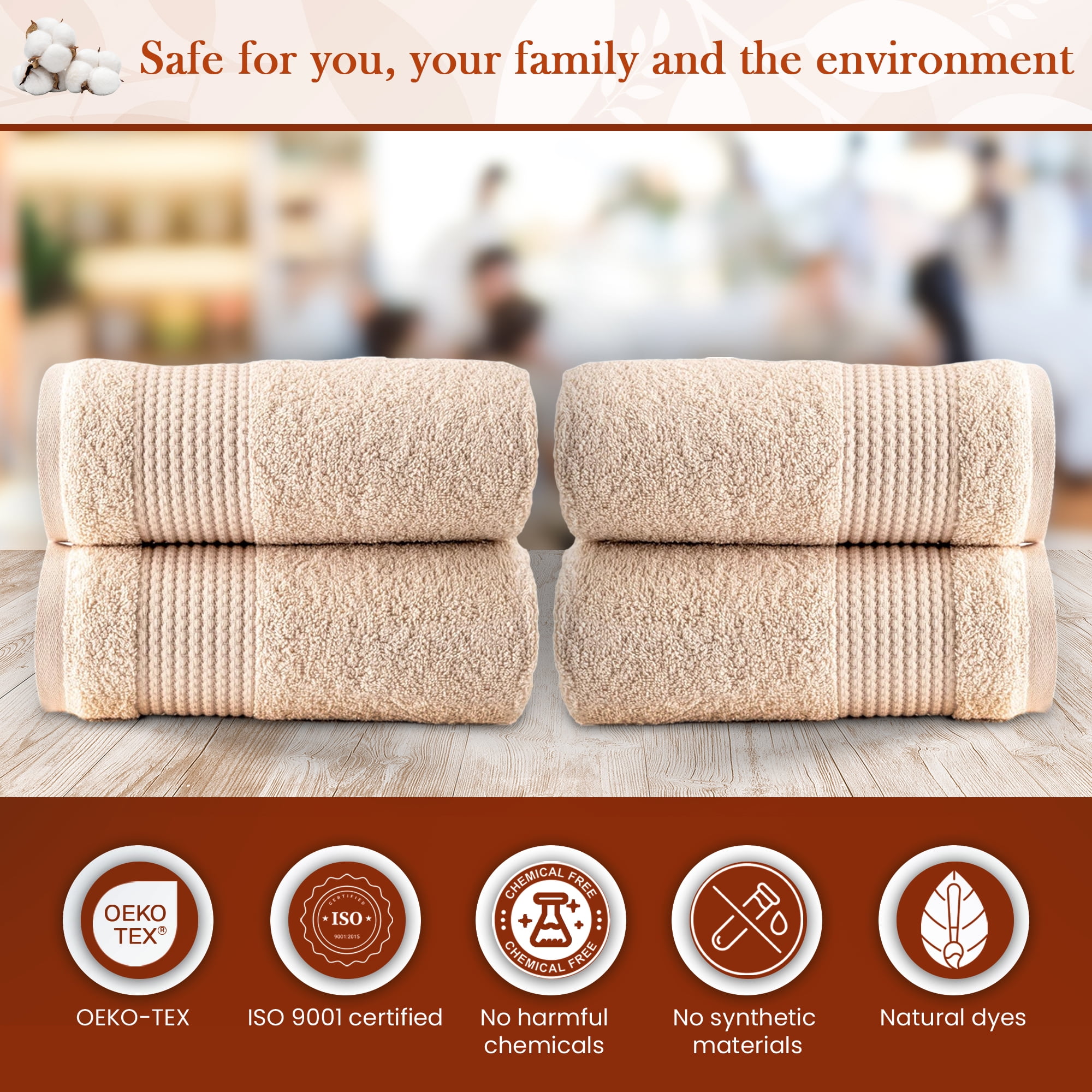 HALLEY Turkish Hand Towels Set - 4 Pack Bathroom Set, Ultra Soft, Machine Washable, Highly Absorbent, 100% Cotton - Luxury Spa Quality - Brown