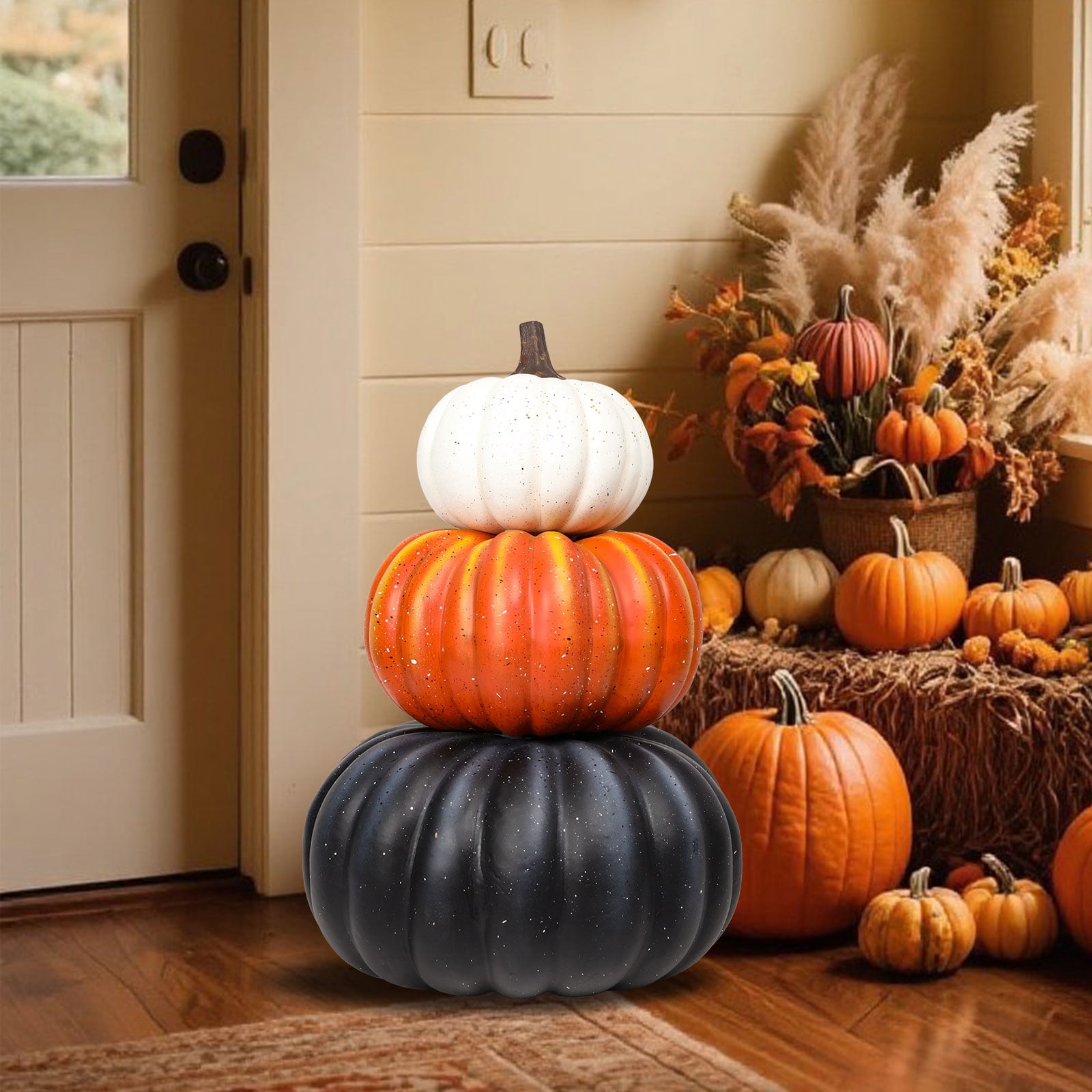 Large 3 - Tiered Colorful Pumpkin Stack Decor: Thanksgiving,Fall & Halloween Outdoor/Indoor Display,Pumpkin Harvest Decoration 1PC