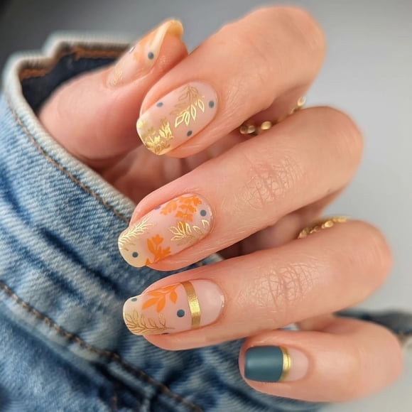 Fake Nails HREJHDS Fall Maple Leaf Short Square 24 unidades con pegamento