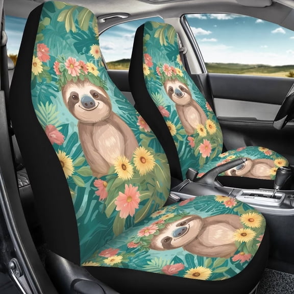Jeiento Sloth Car Seat Covers for Women Men Waterproof Front Seat Covers Flower Automotive Accessory Easy to Install Suitable for Cars, SUVs and Trucks