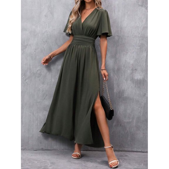 Army Green Butterfly Sleeve High Slit Maxi Dress With V-Neck For Women