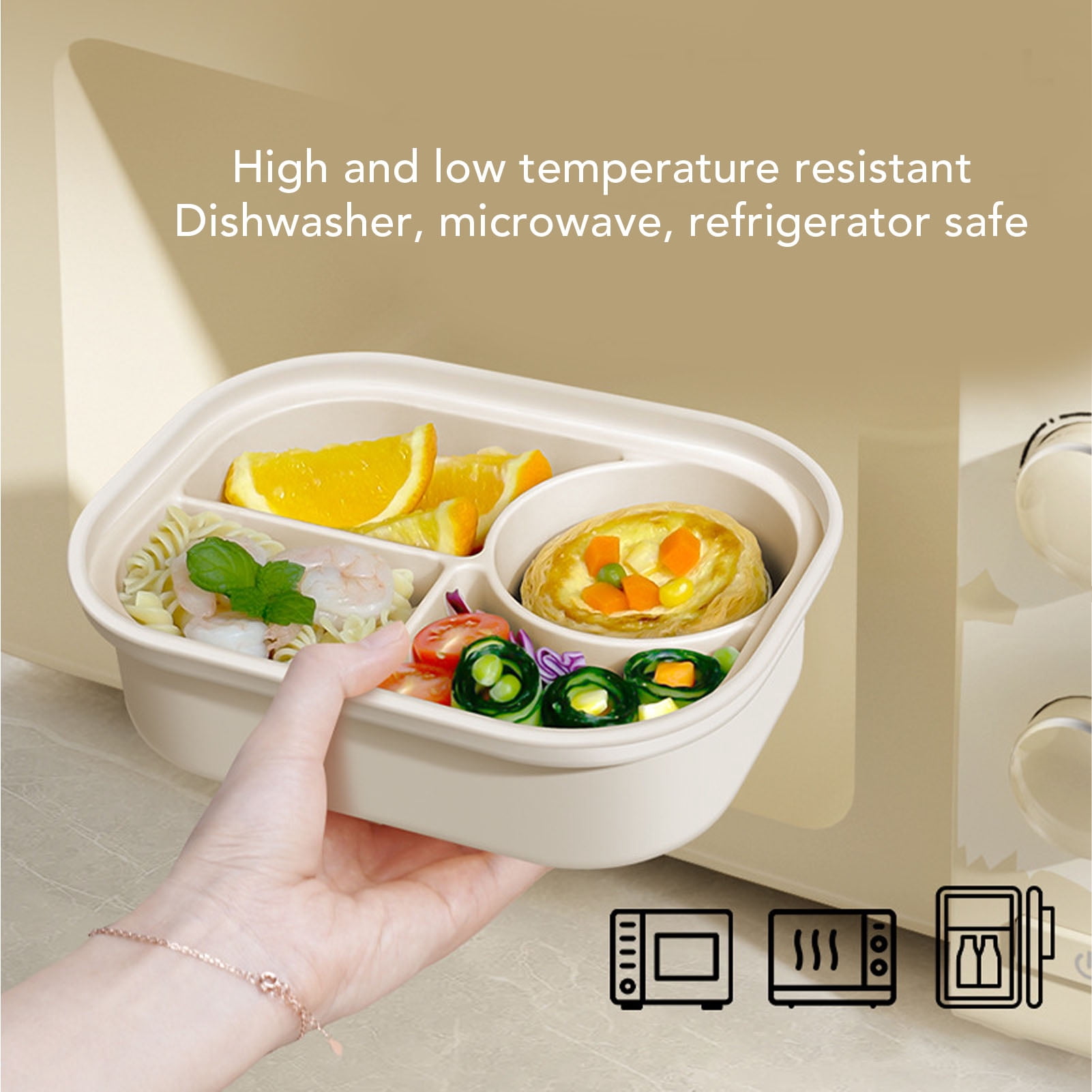 Riousery Silicone Bento Box 4 Compartment Microwave Safe Sealed Container for Work Travel 8.66 inches / 22 cm Milky White
