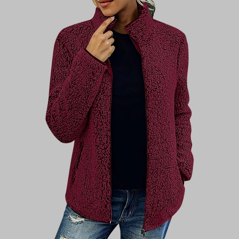 ShomPort Women's Winter Fleece Jacket with Pockets Fuzzy Long Sleeve Stand  Collar Zip up Coat