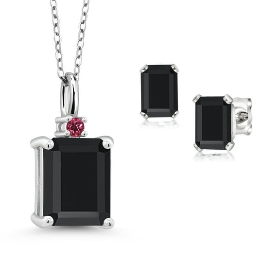 925 Sterling Silver Black Onyx and Pink Tourmaline Pendant and Earrings Jewelry Set for Women (4.28 Cttw, Gemstone December Birthstone, Emerald Cut 10X8MM and 6X4MM, with 18 inch Chain)