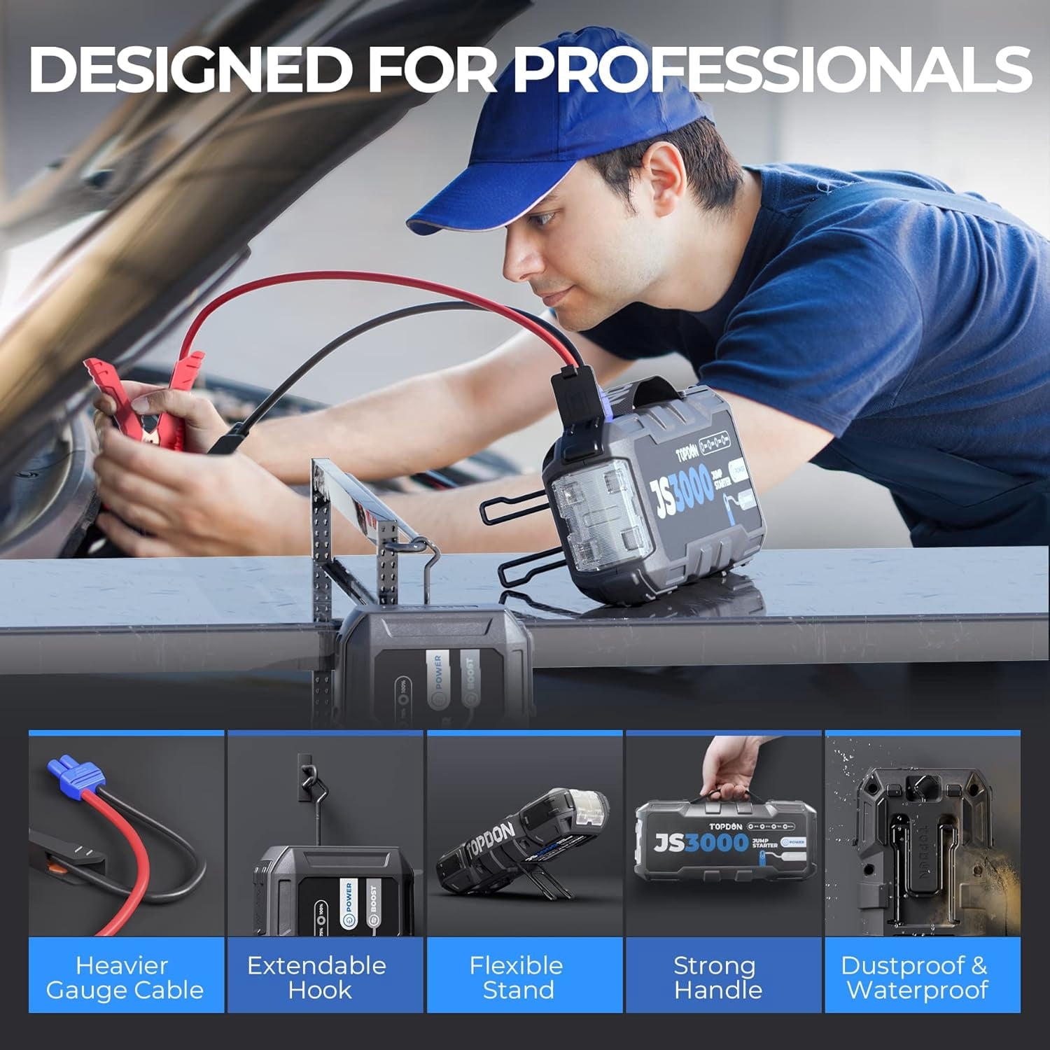 TOPDON JS3000 12V 3000A Jump Starter - Battery Booster for 9L Gas & 7L Diesel, Portable Car Battery Charger