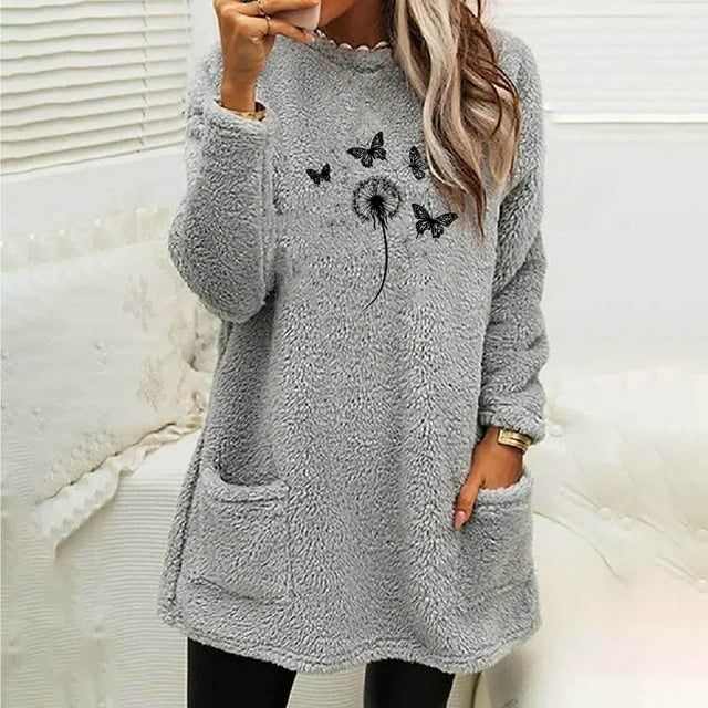 HongQid Fleece Sweatshirt for Women Winter Warm Sherpa Tunic Thermal Fleece Crew Neck Long Sleeve Pullover Loungewear with Pockets
