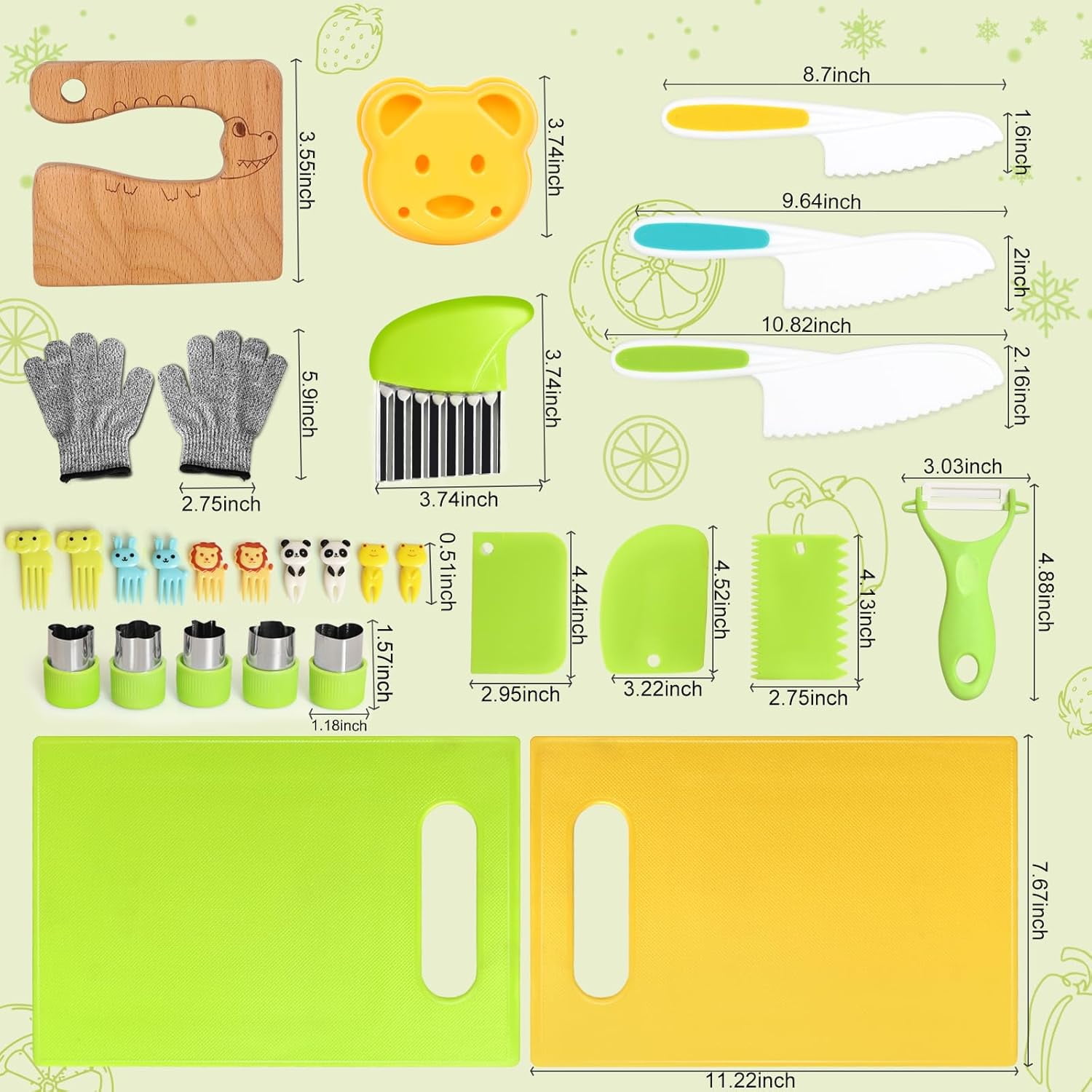 28PCS Kids Knife Set for Real Cooking, Montessori Kids Kitchen Knife Set with Cutting Board Crinkle Cutters Kid Safe Knives, Kitchen Tools Old Girl Boy