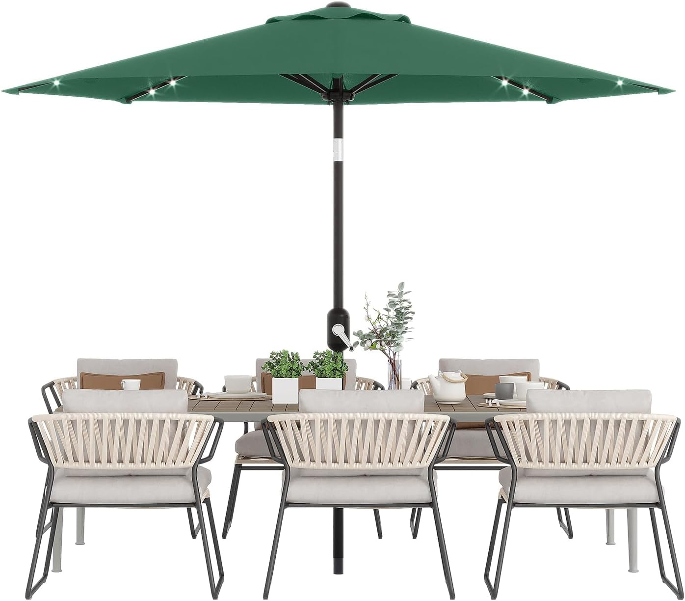 9Ft Solar LED Patio Umbrella - 32 Lights Auto-Charging, 8-Rib Heavy Duty Steel Frame, Tilt Crank & UV Resistant, Waterproof Outdoor Market Umbrella for Pool Deck Garden, Dark Green