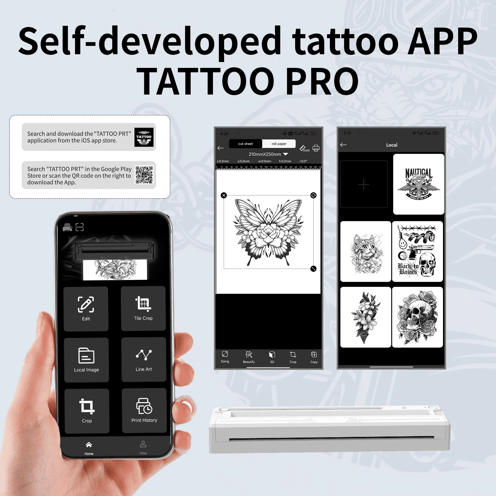 Wireless Tattoo Stencil Printer & A4 Thermal Printer with App Custom, Print Realistic Portraits, 6 Transfer Papers Included and Six Sheets of Thermal Paper
