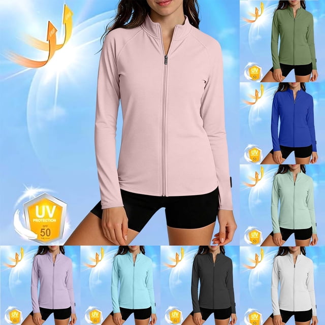 Sentmoon Workout Shirts Women UPF 50+ Cooling SPF Shirts for Women Long Sleeve Solid Color Collar with Zipper Soft Regular Fit Long Sleeve Rash Guard Women White S
