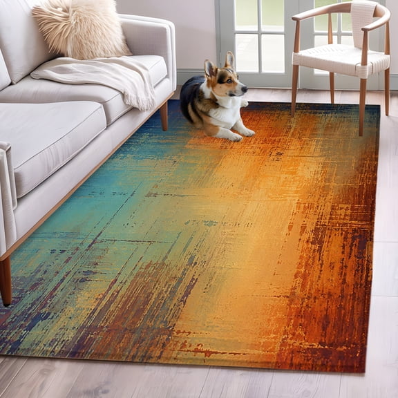 Blue Teal Orange Area Rug 4'x6', Chic Abstract Neutral Abstract Washable Non-Slip Rugs, Low Pile Large Carpet for Living Room Bedroom Dining Room Kitchen Office Indoor Mat