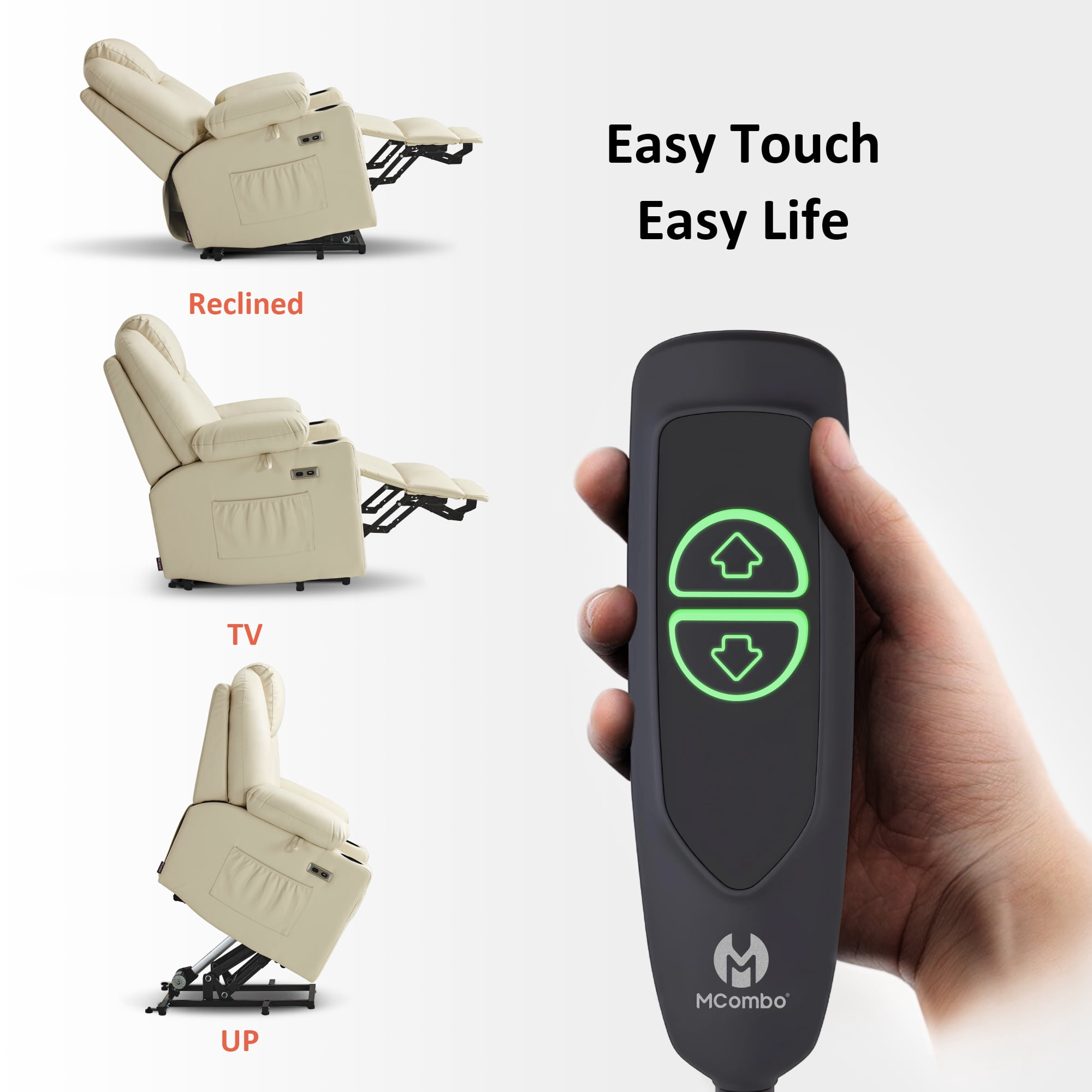 MCombo Electric Power Lift Recliner Chair Sofa with Massage and Heat for Elderly, 3 Positions, 2 Side Pockets, and Cup Holders, USB Ports, Faux Leather 7141 Cream White, Small