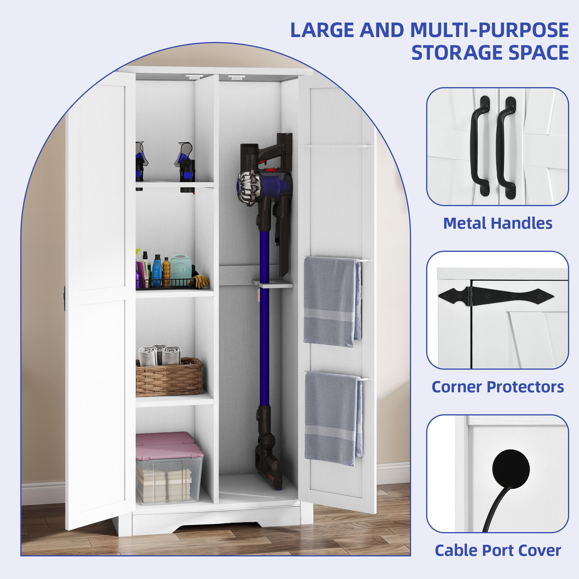 ModFusion Vacuum Storage Cabinet with Hanging Rod, 4.5 ft Tall Wood Utility Cleaning Tool Storage, Farmhouse Doors, Household Cleaner Organizer, Room Closet, White