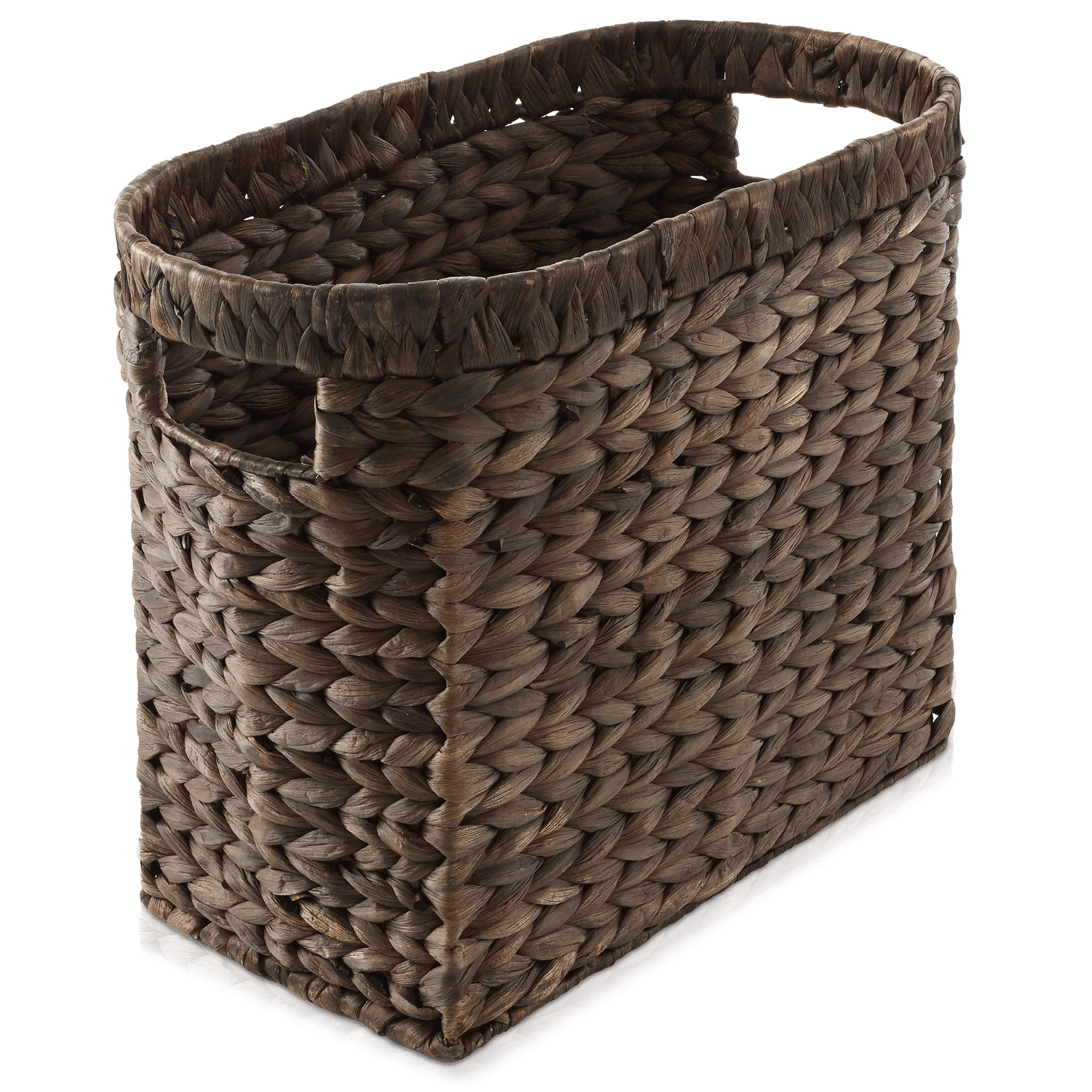 Casafield Magazine Holder Basket with Handles, Espresso Dark Brown - Oval Water Hyacinth Storage Bin for Bathroom, Home Office