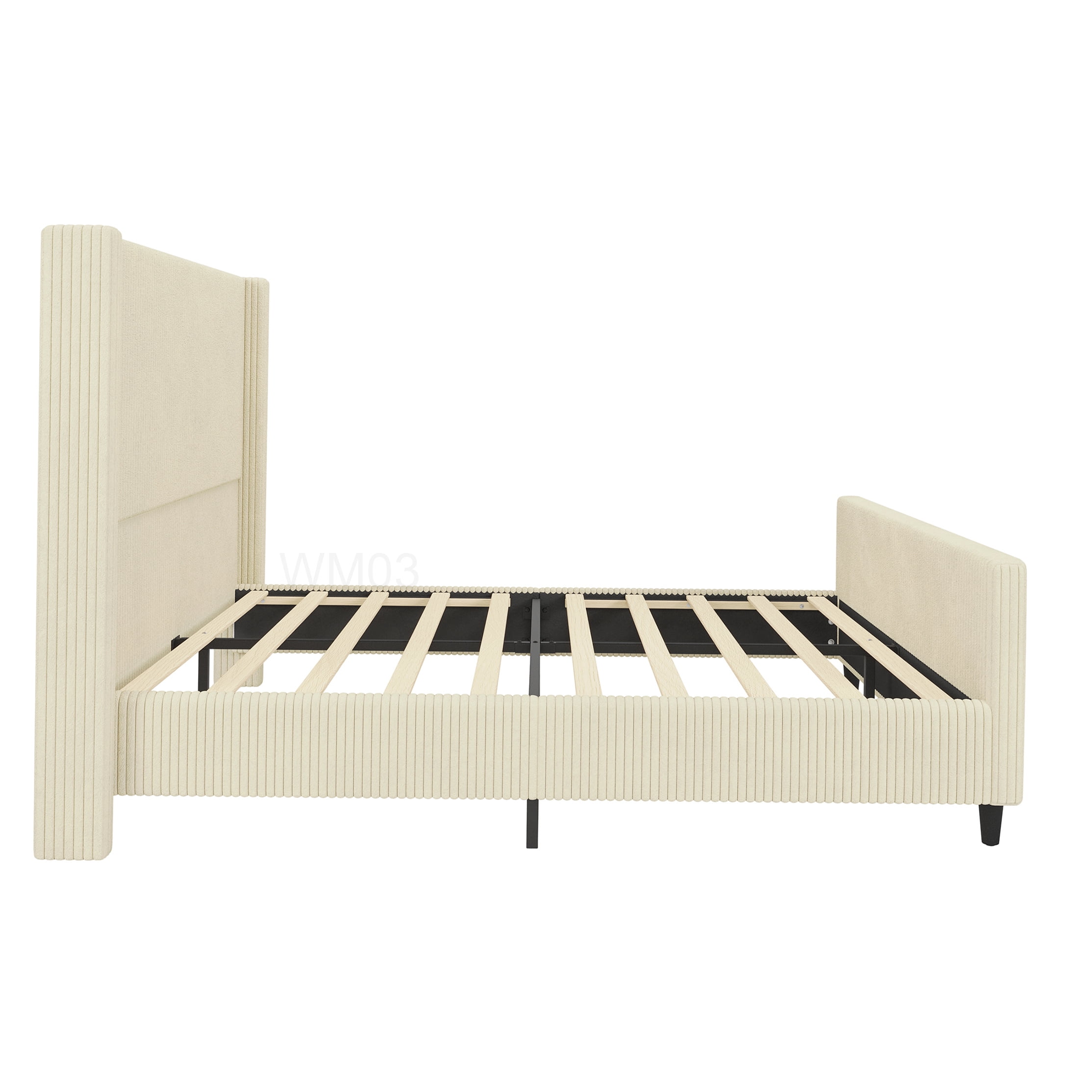 Modern Cream Corduroy Upholstered Queen Bed, Wingback Headboard Platform Frame with Storage Space