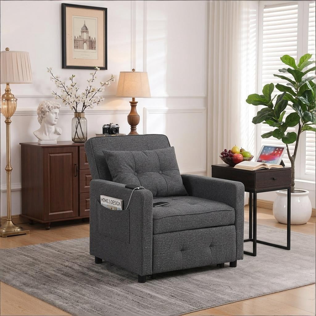 Howcool 3-in-1 Sleeper Chair Convertible Pull Out Bed Adjustable Armchair Sofa Bed with USB & Side Pocket