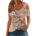 thumbnail image 7 of Dazajoo Floral Short Sleeve Tops for Women 2024 Casual V Neck Cold Shoulder Shirts 2024 Womens Fshion Ring Strap Graphic Tee,Khaki,S, 7 of 7