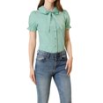 thumbnail image 4 of Allegra K Women's Puff Sleeve Peter Pan Collar Tie Neck Cotton Button Down Shirt, 4 of 6
