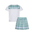 thumbnail image 4 of Doomiva Kids Girls Plaid Mini Skirt Set Sailor Short Sleeve Top with Pleated Tartan Skirt School Uniform Outfit Green 160, 4 of 7