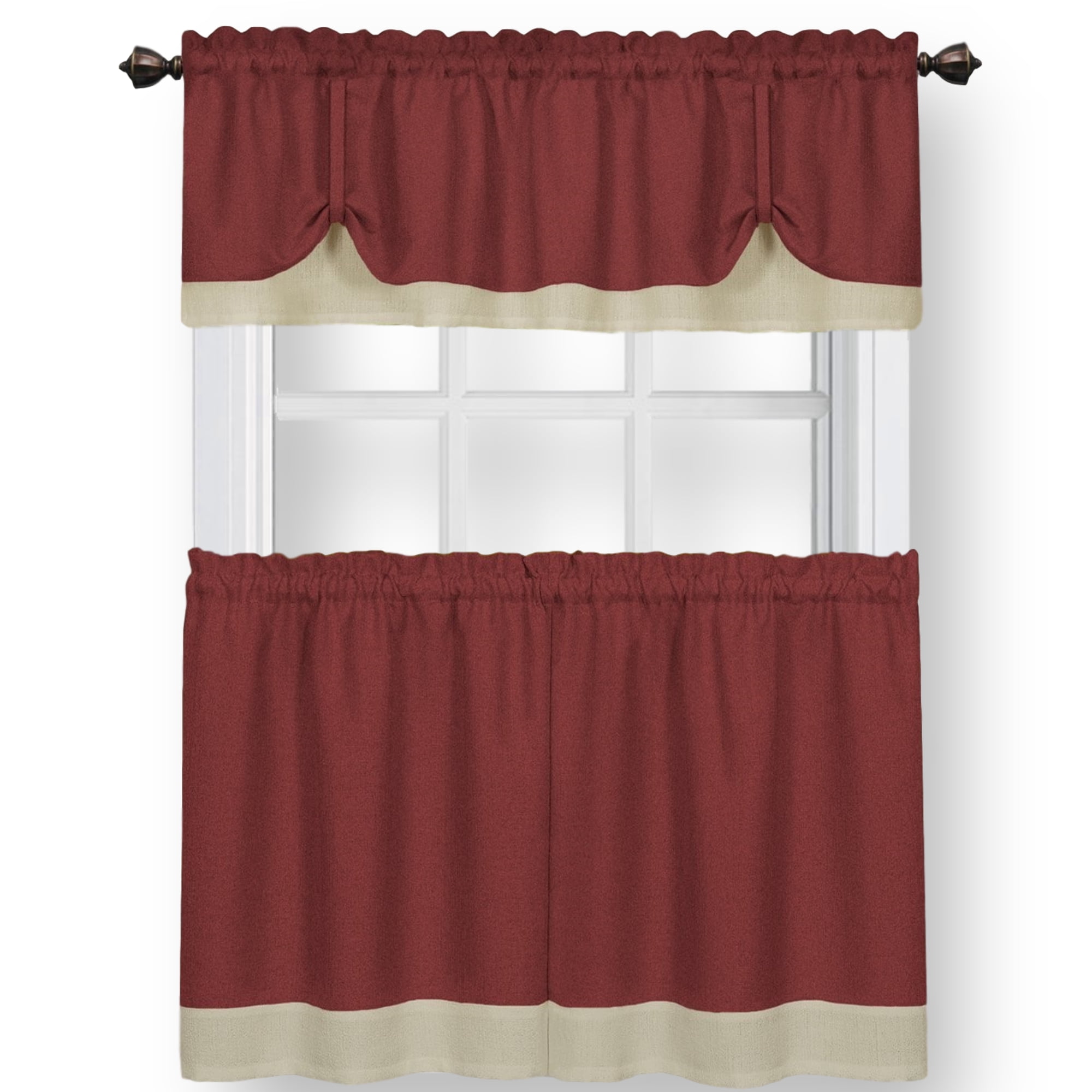 1 Valance Double-Layer Burgundy 3-Pc Kitchen Window Curtain Set 2 Tiers 
