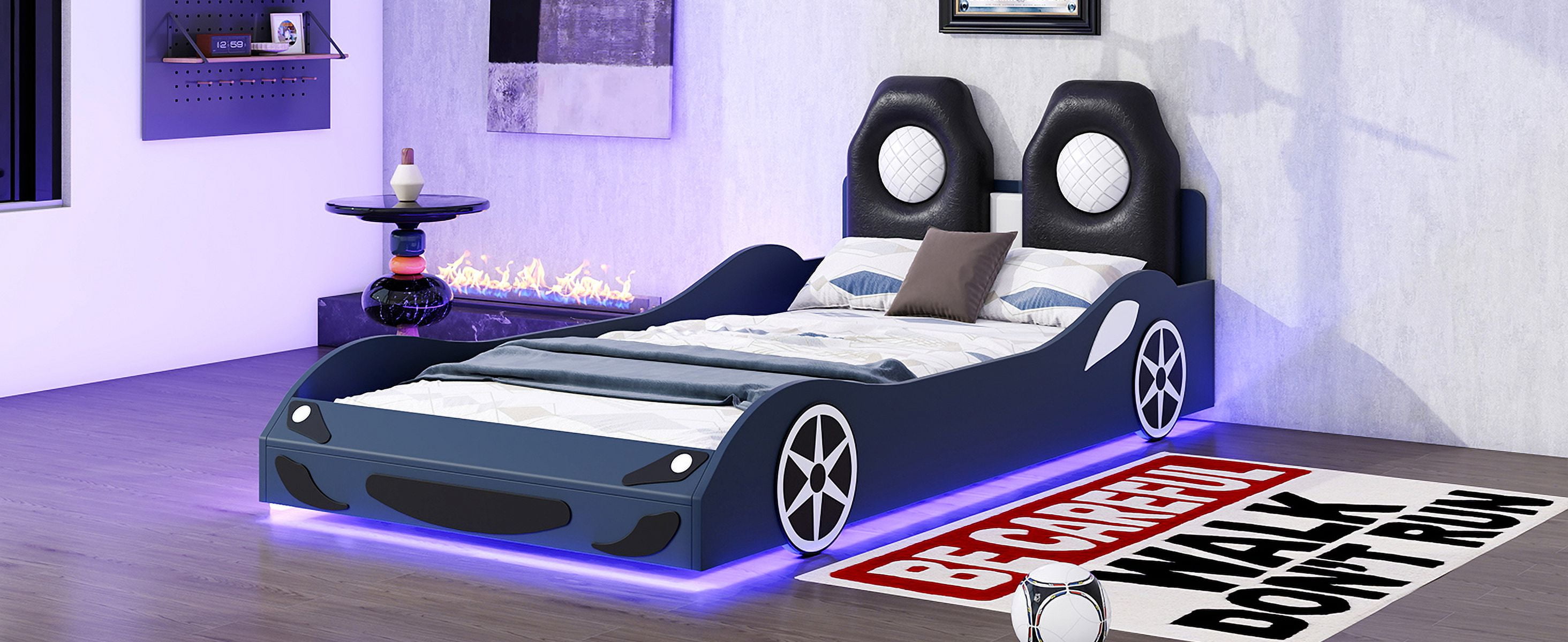 Wood Twin Size Race Car-Shaped Platform Bed with LED and Upholstered Backrest, Blue