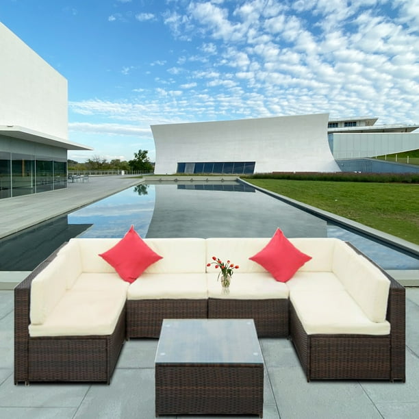 Outdoor Sectional Sofa Set 7 Piece Wicker Rattan Lounge With Glass Coffee Table Spacious Patio Furniture Multi Person Casual Conversation Beige Cushion Y0947 Com - Sunbury 4 Seater Dining Metal Garden Furniture Set Outdoor Sectional Sofa Set 7 Piece Wicker Rattan Lounge With Glass Coffee Table Spacious Patio Furniture Multi Person Casual Conversation Beige Cushion Y0947 Com - Sunbury 4 Seater Dining Metal Garden Furniture Set