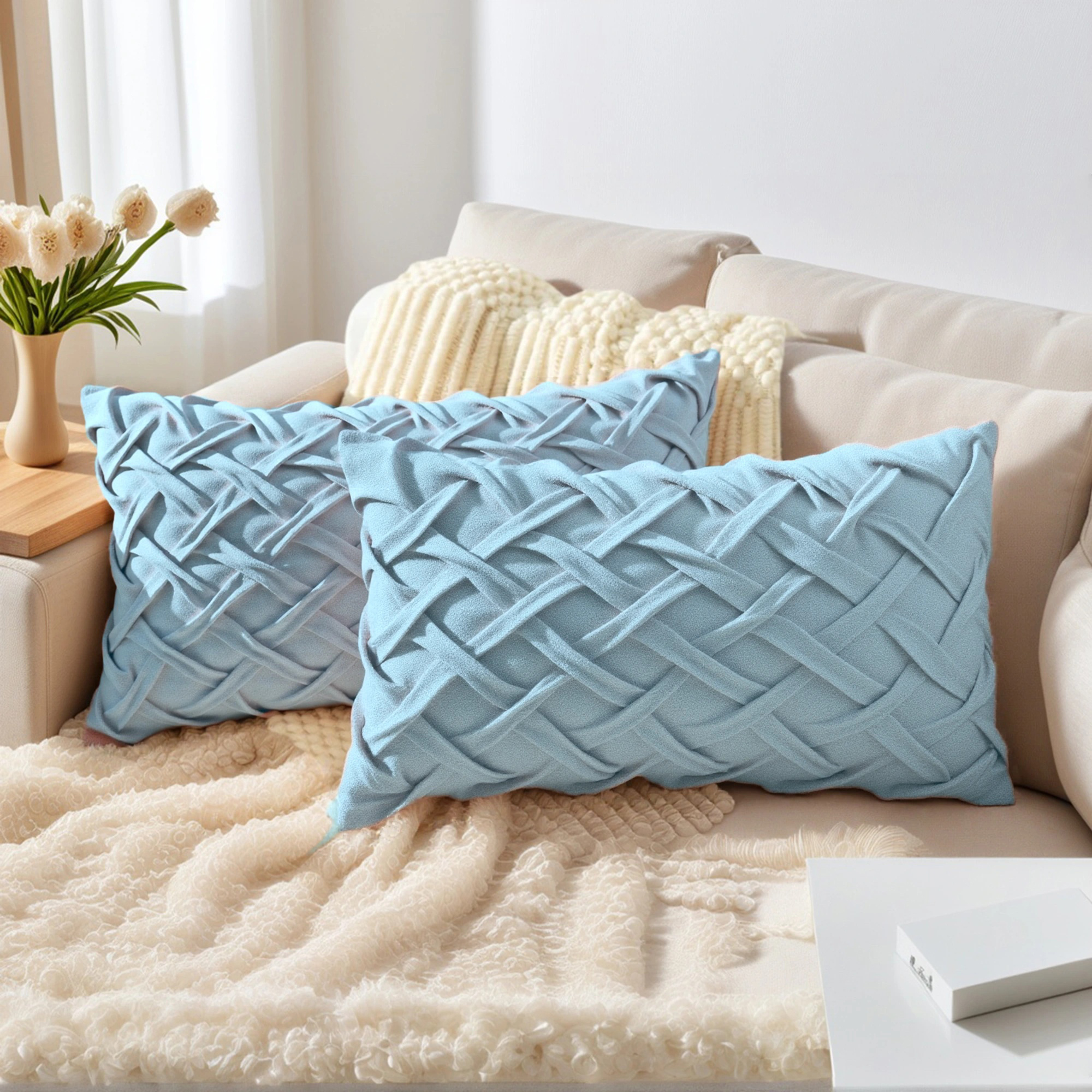 Unique Bargains Pack of 2 Soft Solid 3D Weaving Throw Pillow Covers Blue 20" x 12"