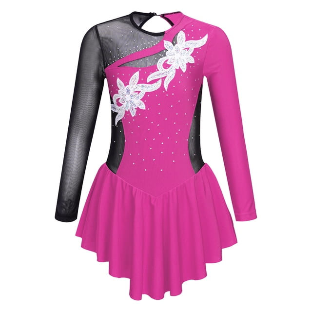 RUNQHUI Enfants Filles Manches Longues Ballet Danse Justaucorps Gymnastique Dos Creux Strass Sequins Rouleau Rose Vif 12