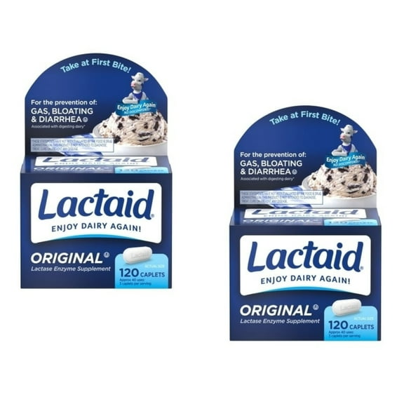 2 Pack Lactaid Caplets Lactase Enzyme Supplement, 120 Count each