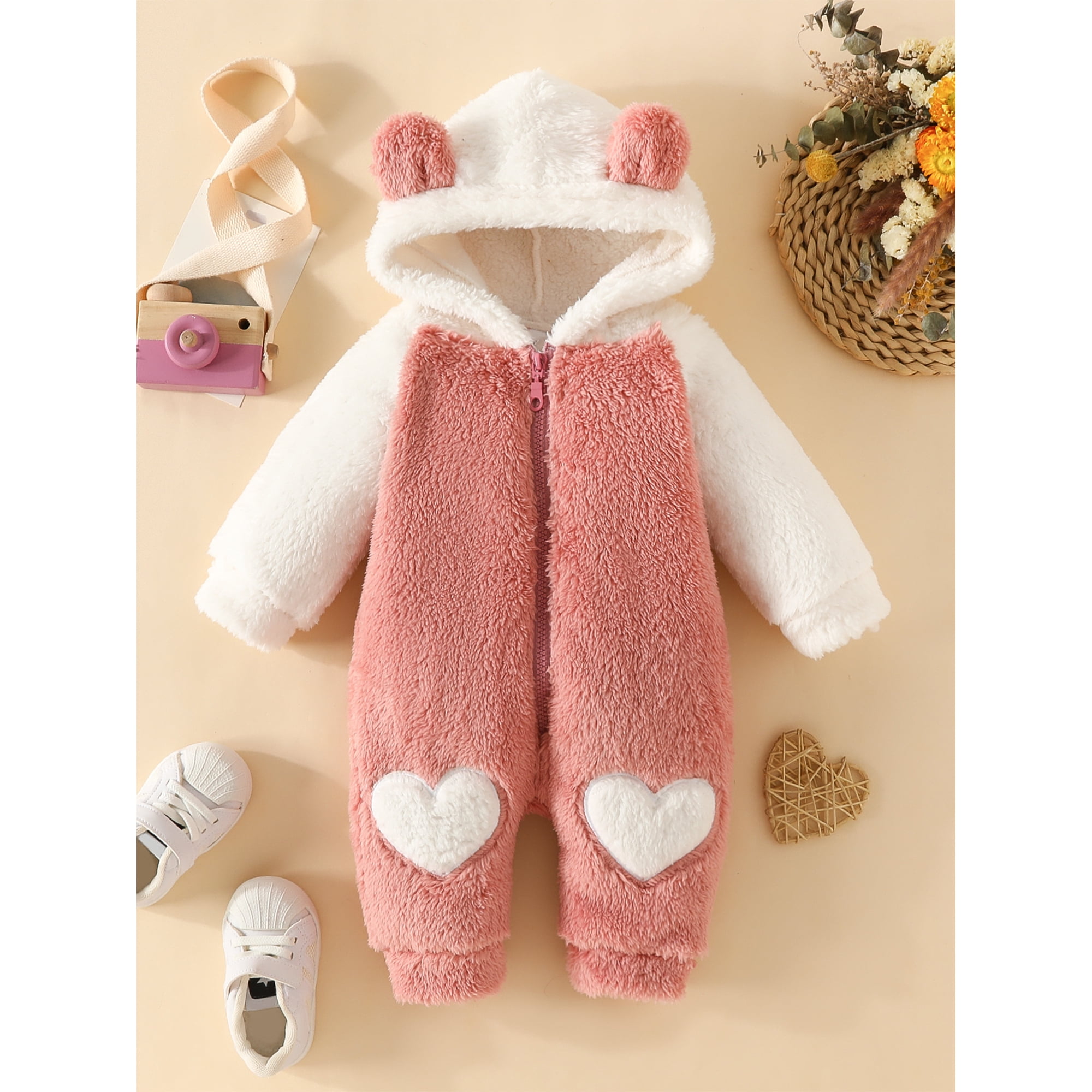 FOCUSNORM Baby Winter Fuzzy Jumpsuit Bear Ear Snowsuit Newborn Hooded Romper Warm Coat Long Sleeve Closure Romper 3 6 9 12 18 Months Infant Clothes Walmart