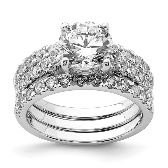 925 Sterling Silver Rhodium-plated 8mm Cubic Zirconia ( CZ ) Ring & 2 Cubic Zirconia ( CZ ) Band Set