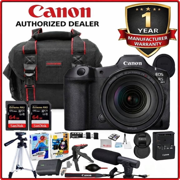 Canon EOS R5 Mark II Mirrorless Camera with 24-105mm f/4 Lens Bundle with Commander Gear Bag   Microphone   2X 64GB Extreme Memory Cards   Accessory Kit