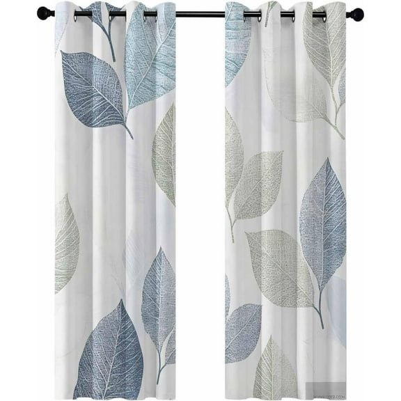 Sage Green Blue Leaves Blackout Curtains For Bedroom/Living Room, Thermal Insulated Kitchen Curtains, Vintage Rustic Botanical Grommet Darkening Window Treatment Drapes 52"W x 84"L (Pack of 2)