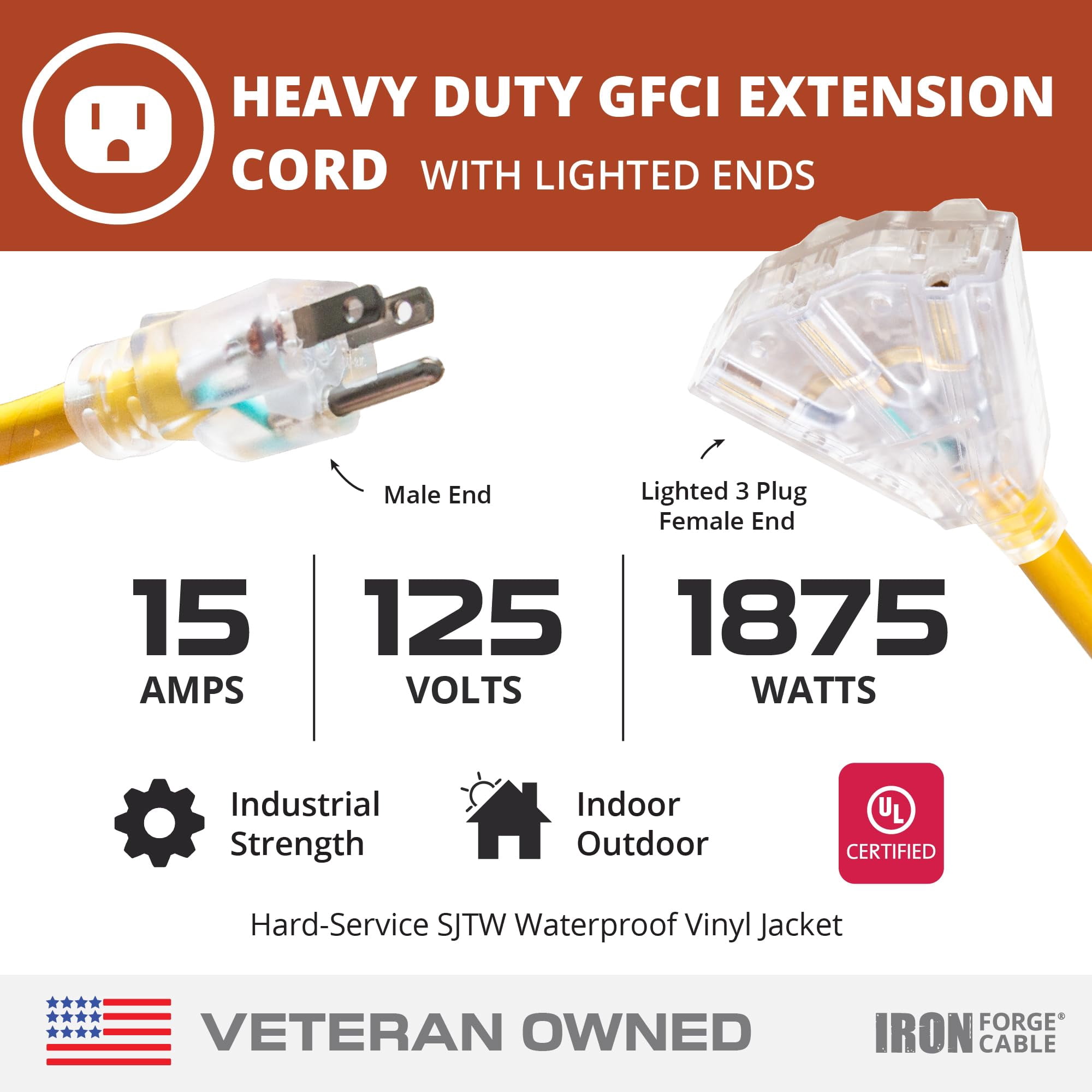 IRON FORGE CABLE 10 Foot Lighted Outdoor Extension Cord with 3 Electrical Power Outlets - 12/3 SJTW Heavy Duty Yellow Extension Cable with 3 Prong Grounded Plug for Safety, 15 AMP