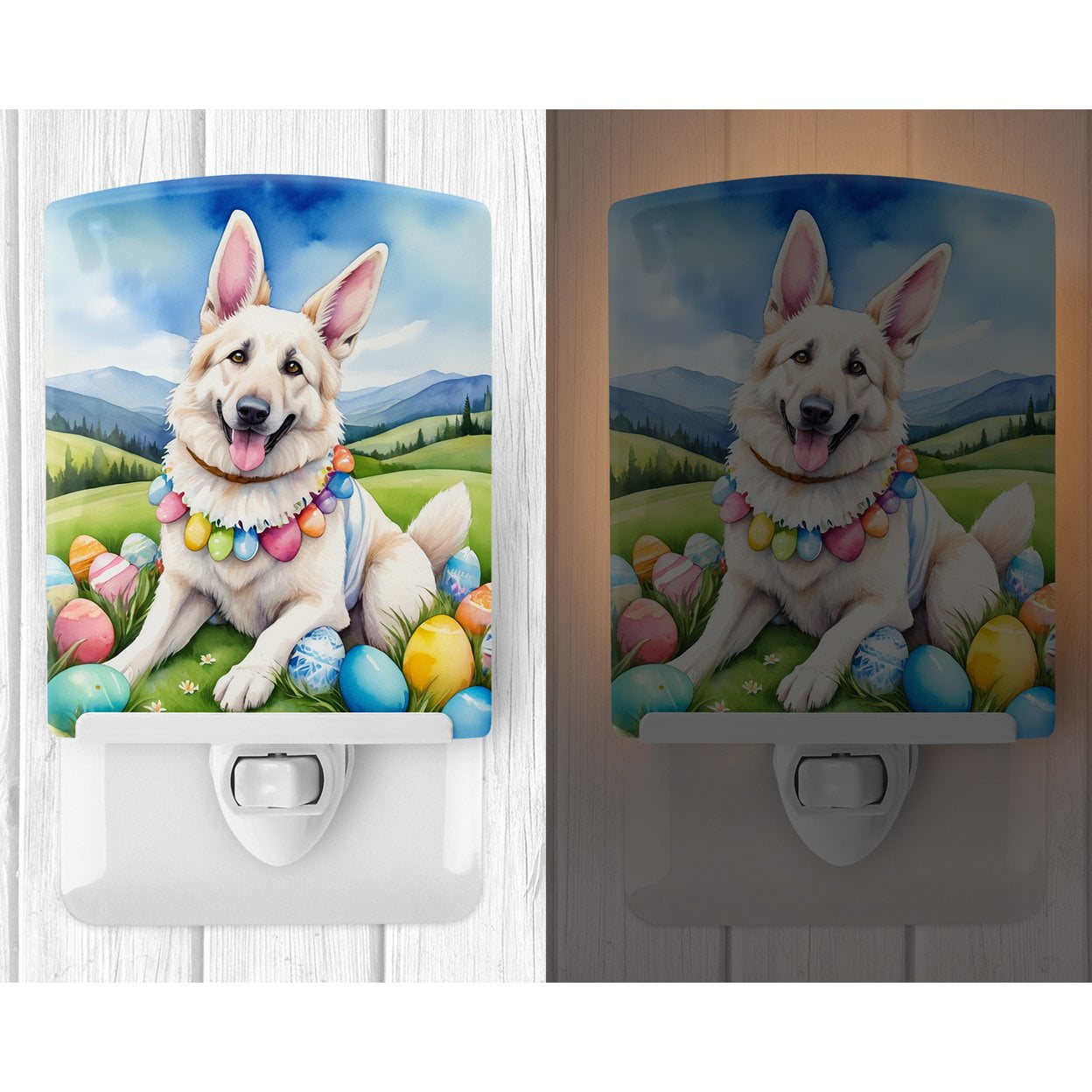 White German Shepherd Easter Egg Hunt Ceramic Night Light 4 in x 6 in