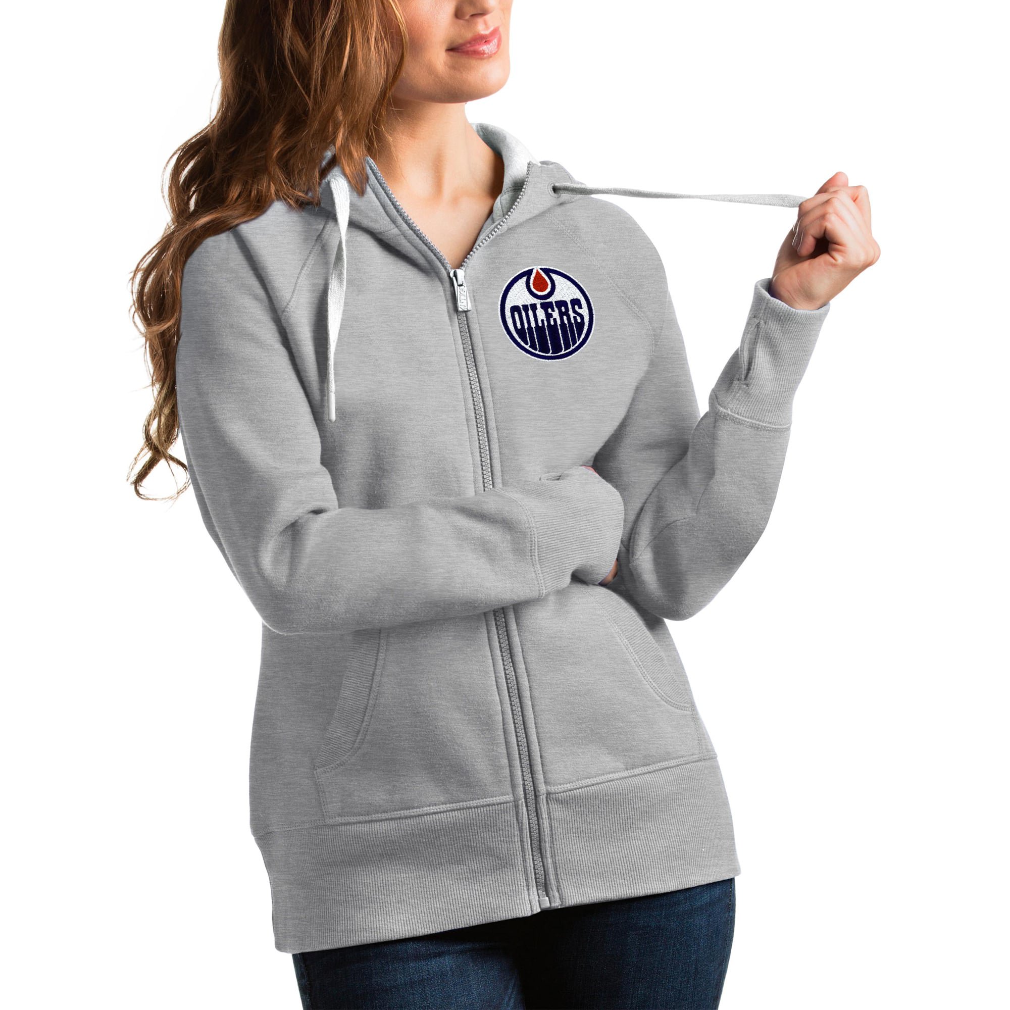 Women's Antigua Heathered Gray Edmonton Oilers Victory Full-Zip Hoodie