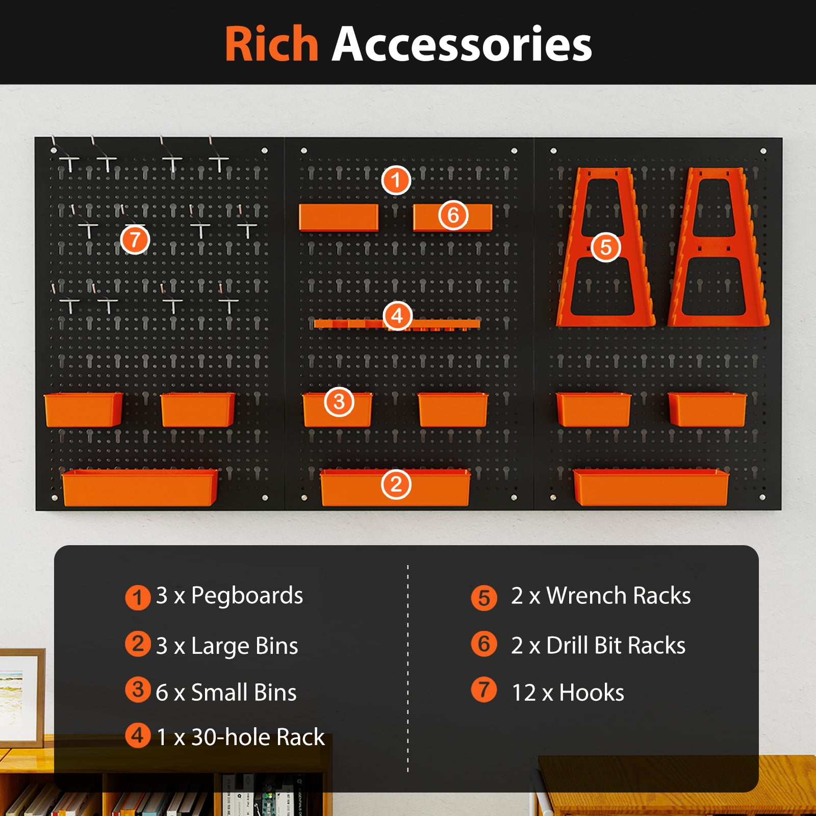 Topbuy Pegboard Wall Organizer 9-Bin Parts Rack Organizer Heavy-Duty Utility Tool Storage Board