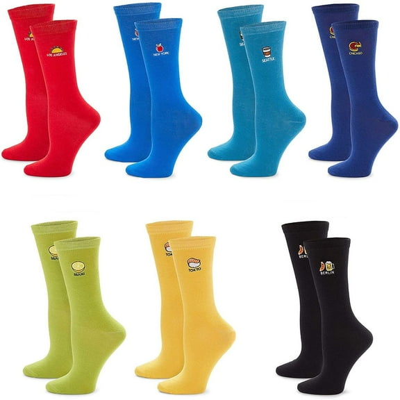 7-Pair Travel Lovers Crew Socks for Men and Women, Fun City Capital Designs