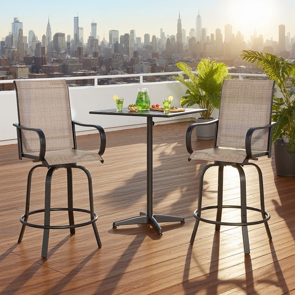 MAYEERTY 2-Piece Outdoor Bar Height Tall Stools Set,Textilene,360°Swivel, Ergonomic for Balcony, Brown