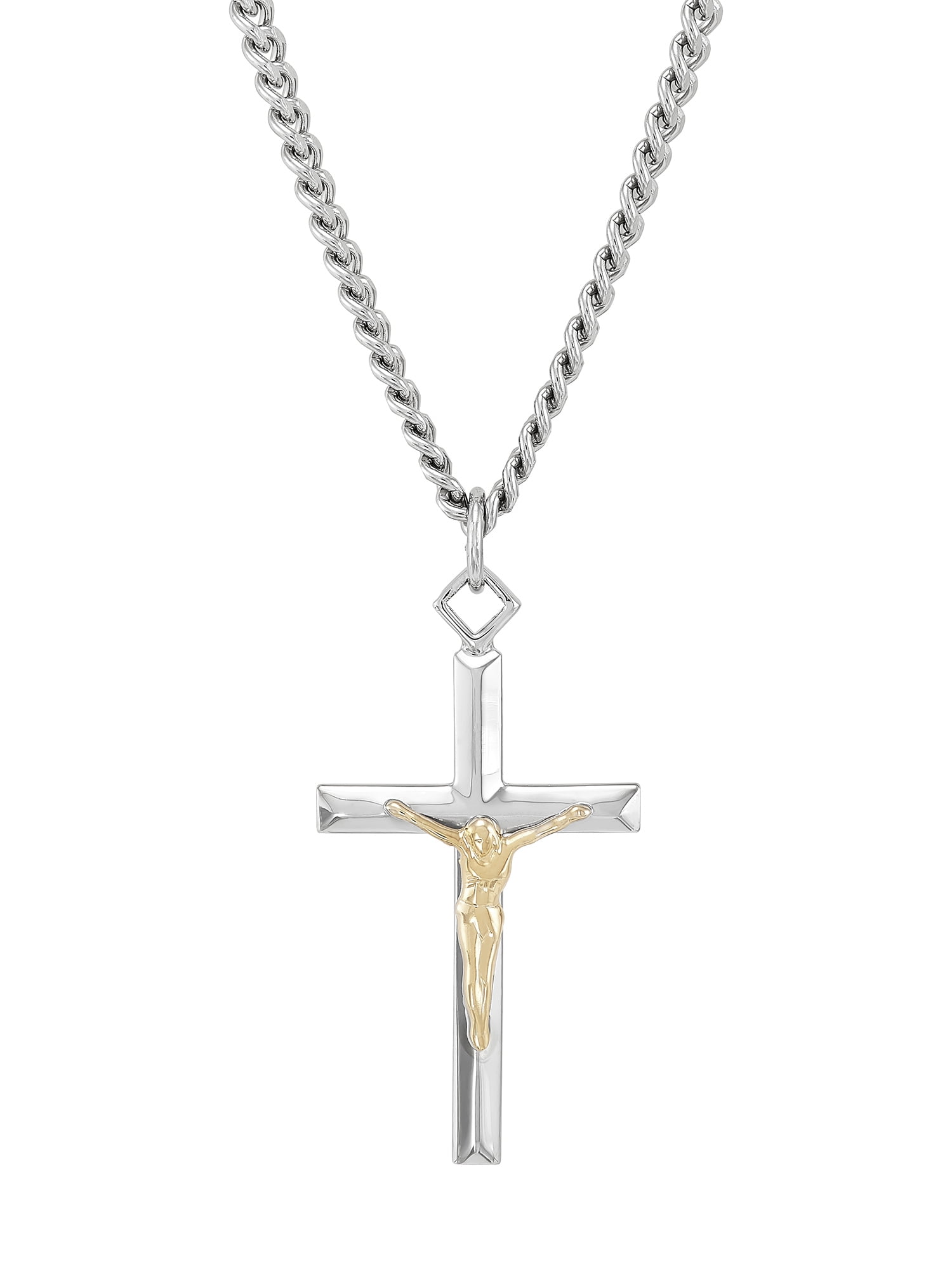 Brilliance Fine Jewelry Sterling Silver and 18KT Gold Plated Crucifix Cross on 24" Stainless Steel Chain Necklace