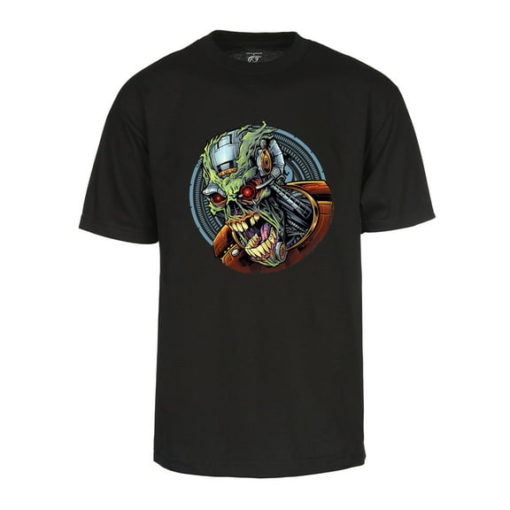 Mens Cyborg Skull T-Shirt - Cybernetic Bones Short Sleeve Shirt Black Large