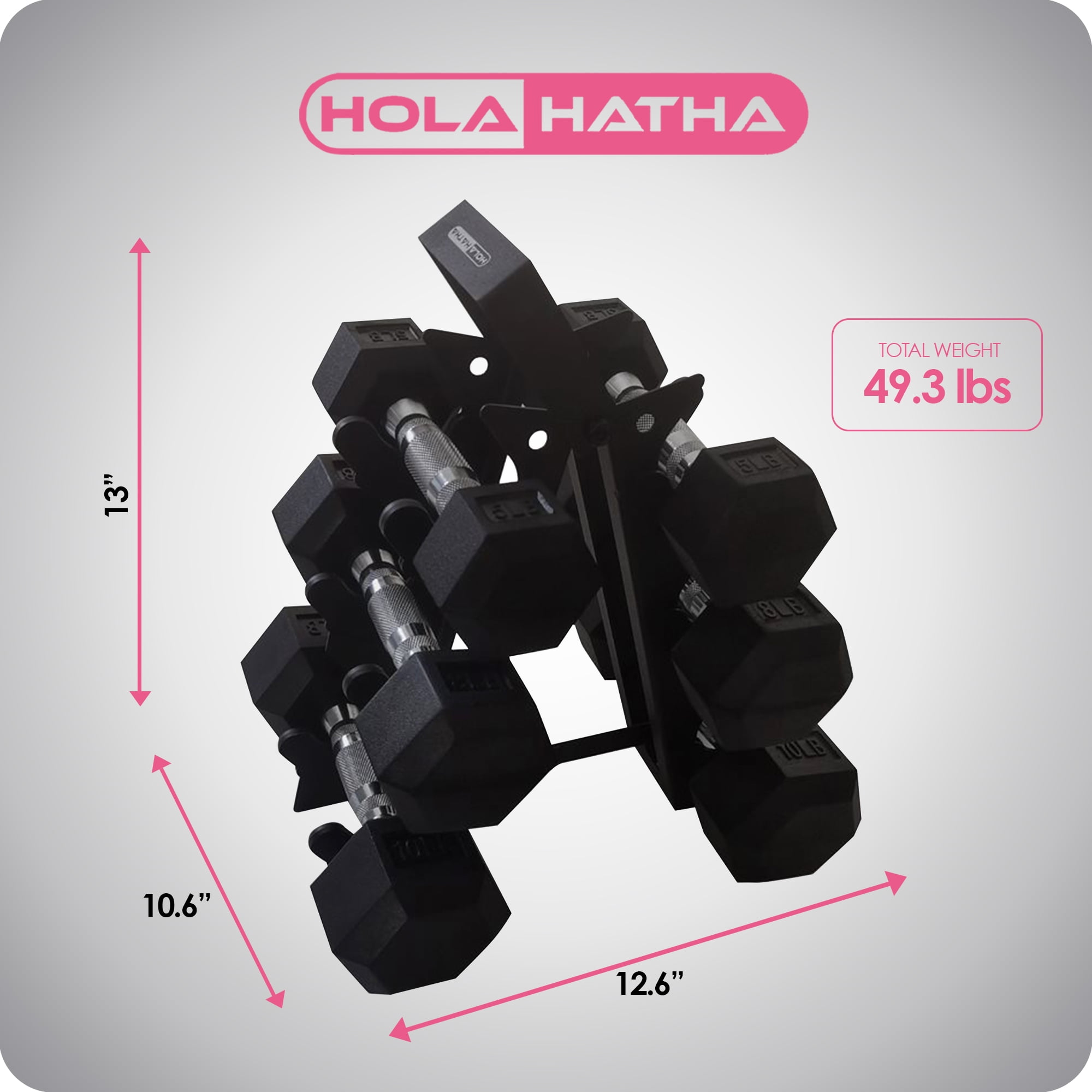 HolaHatha Hexagonal Dumbbell Free Hand Weight Set, 5, 8, & 10 Lbs, Black