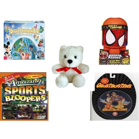 Children's Gift Bundle [5 Piece] -  World of Disney Eye Found It Board  - Bonkazonks Marvel Spider-Man Headquarters - White Teddy Bear Red Ribbon  5