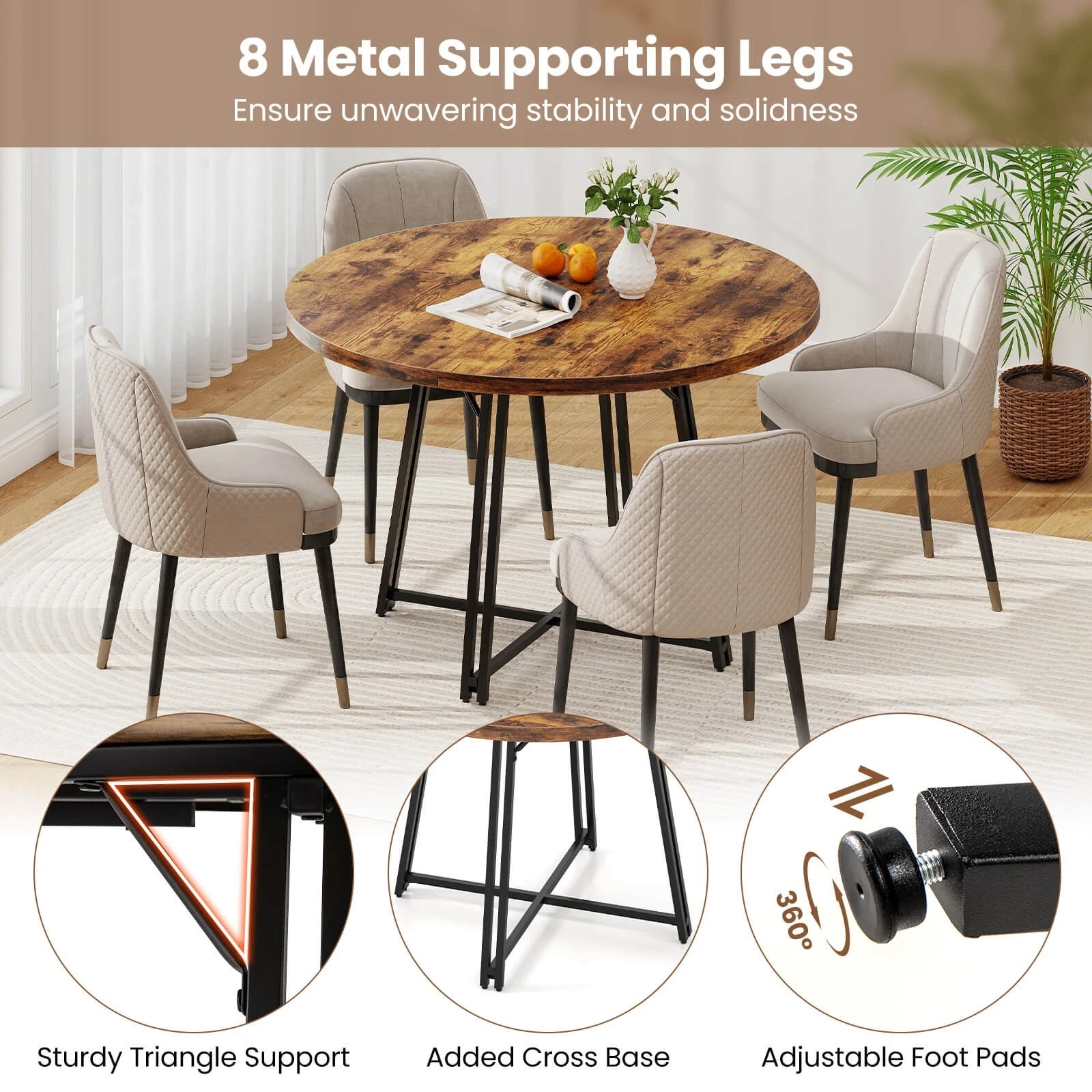 Auranook 47 Inch Dining Table w/8 Metal Supporting Legs & Cross Base for Dining Room
