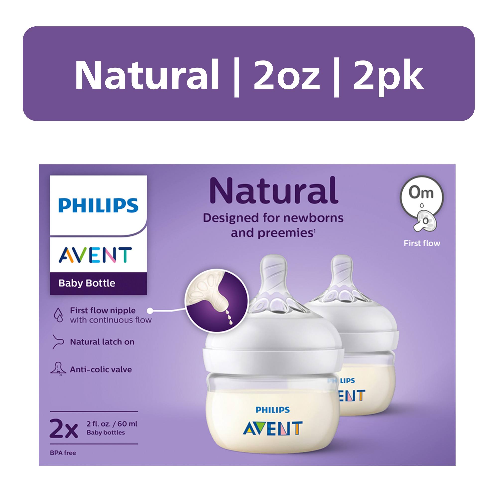 Philips AVENT Natural Baby Bottles, 2oz, 2-Pack