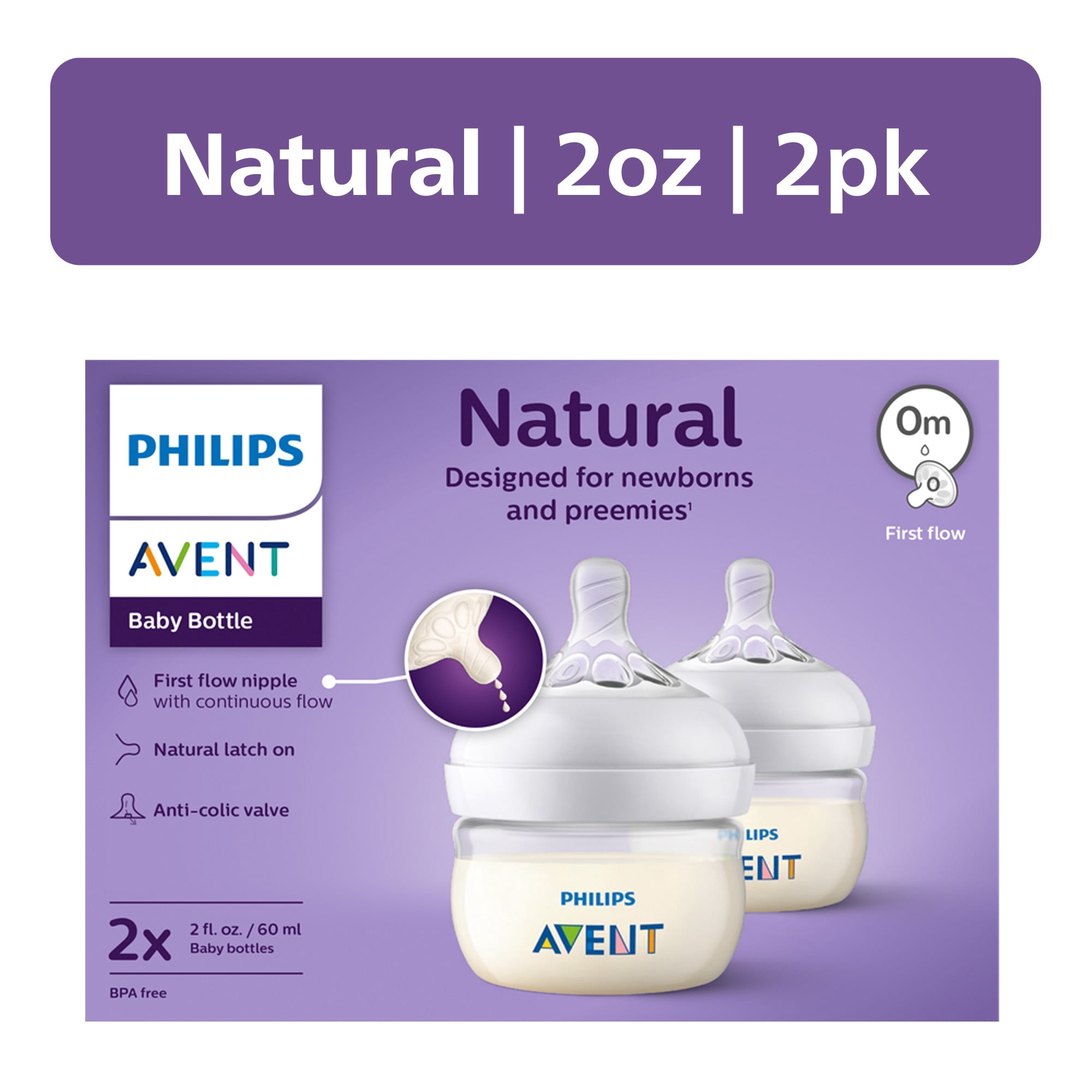 Philips Avent Natural Baby Bottles, with First Flow Nipple, 2oz, 2 Pack, SCF019/25
