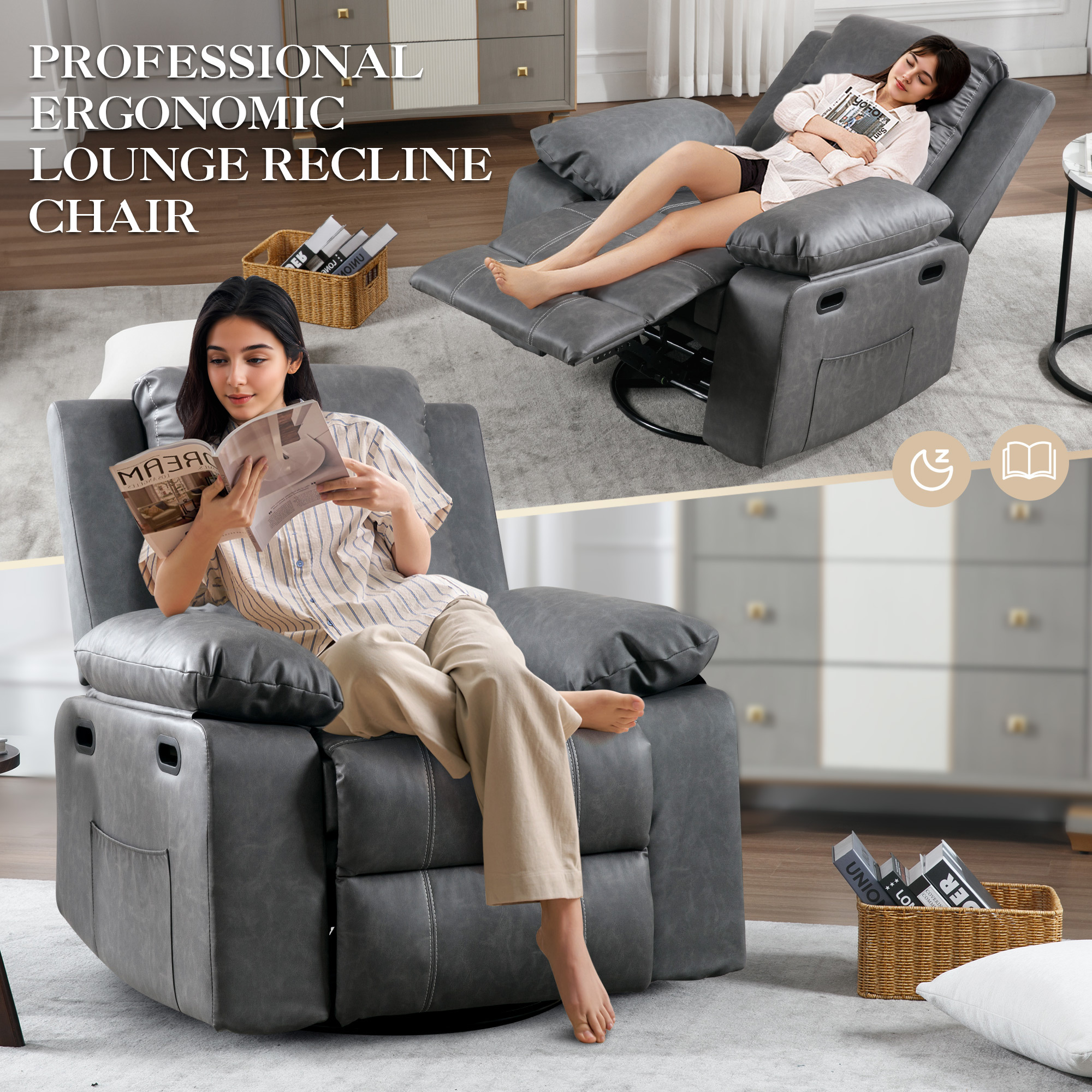 Dinosisco Swivel Rocker Recliner with Heat and Massage, Power Recliner Lounge Chair for Living Room, Gray Faux Leather