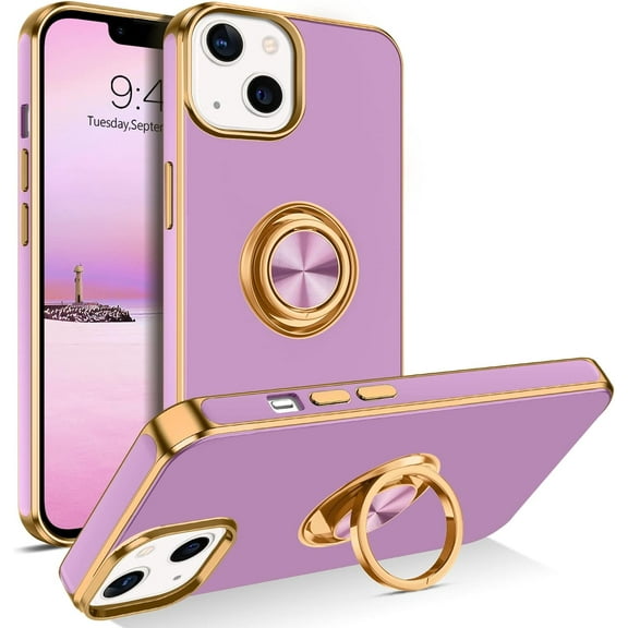 iPhone 14 Case, iPhone 14 Cover for Women, Slim Lightweight Ring Holder Kickstand Magnetic Car Mount Supported Electroplated Shockproof iPhone Case for iPhone 14 6.1" - Purple