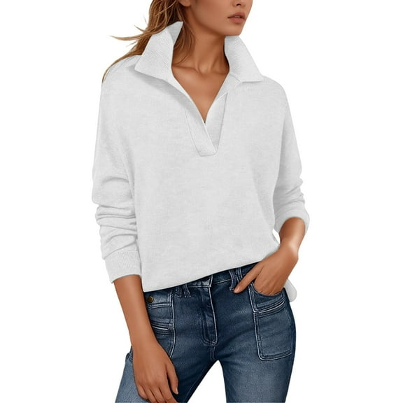 KHONTS Women's Polo V Neck Long Sleeve Sweaters Plus Size Lightweight Dressy Casual Business Basic Knit Pullover Top 2025 Fall Outfits White XL